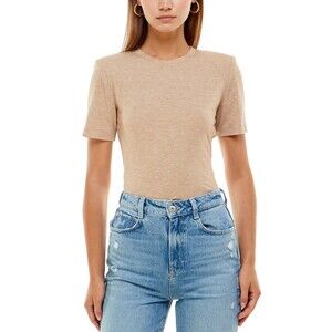 WAYF Women's Skye Padded Shoulder Short Sleeve Bodysuit Sand Beige Top Size XS